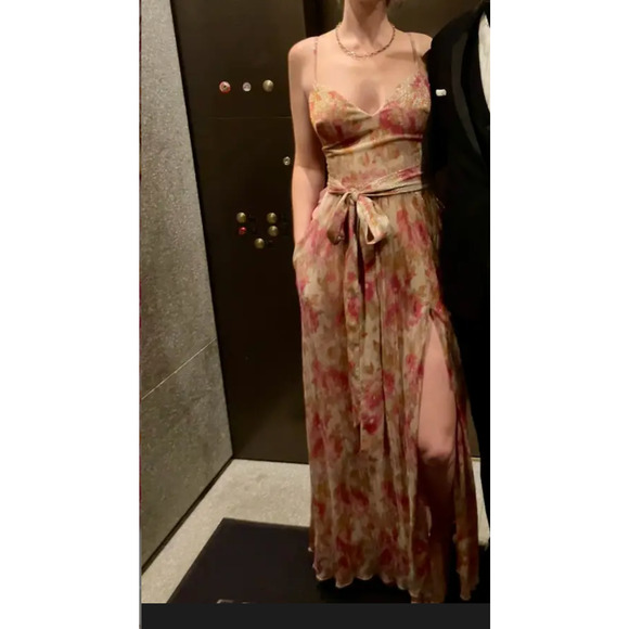 Dress the Population Floral Plisse Maxi Dress XS Metallic Goddess Slip Gown $268 - Picture 7 of 15